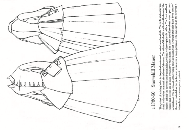 Fabriquer un costume pirate Dessin de Janet Arnold pour les tenues de chasse XVIIIe